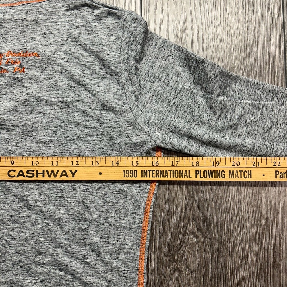 Harley-Davidson Womens Small Gray Orange Stitch Long Sleeve V-Neck Shirt Y2K - Picture 7 of 8